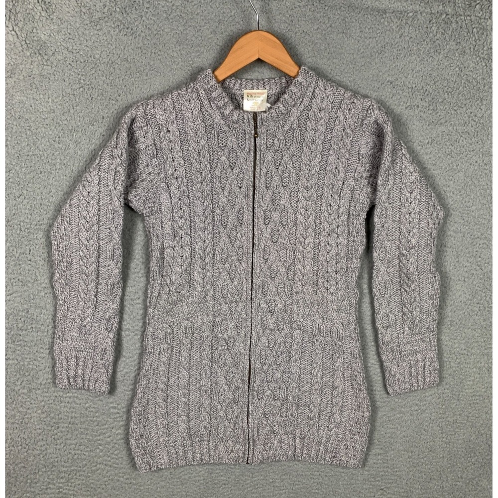 Kilronan Cardigan‎ Sweater Womens XXS 2XS Cable Knit Zip Up Merino Wool Gray